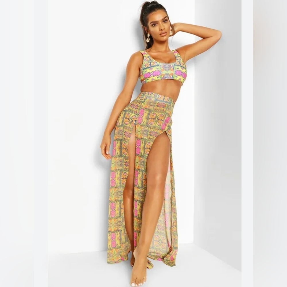 Boohoo Yellow Pink Paisley Maxi Skirt